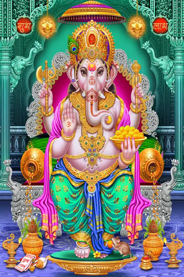 GN134 Ganesh Ji Plain, Glitter, Stone, Crystal High Gloss Decorative Tile by Global Art