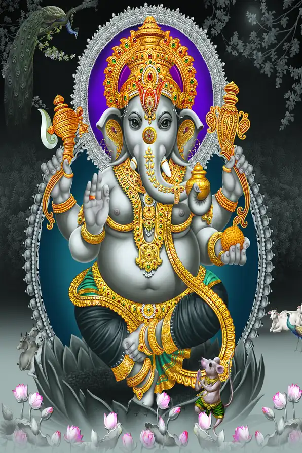 GN187 Ganesh Ji Plain, Glitter, Stone, Crystal High Gloss Decorative Tile by Global Art