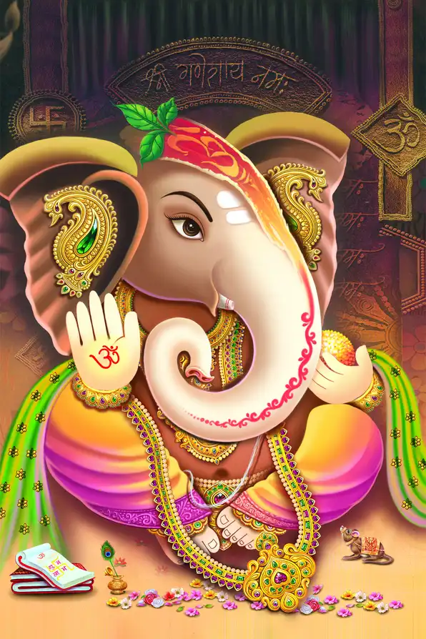 GN196 Ganesh Ji Plain, Glitter, Stone, Crystal High Gloss Decorative Tile by Global Art