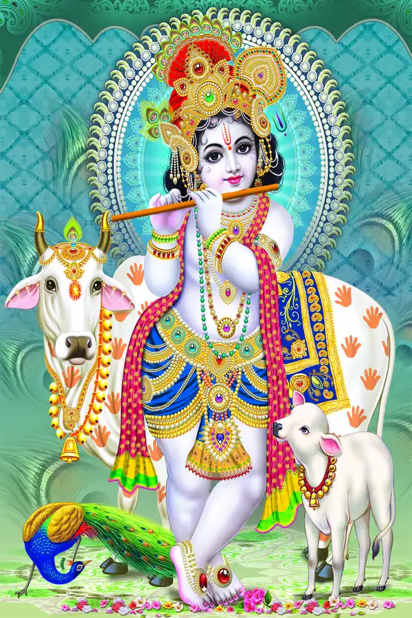 KS142 Lord Krishna Plain, Glitter, Stone, Crystal High Gloss Decorative Tile by Global Art
