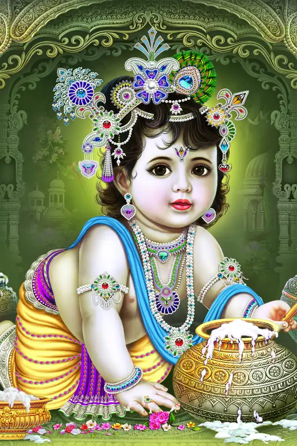 KS158 Lord Krishna Plain, Glitter, Stone, Crystal High Gloss Decorative Tile by Global Art