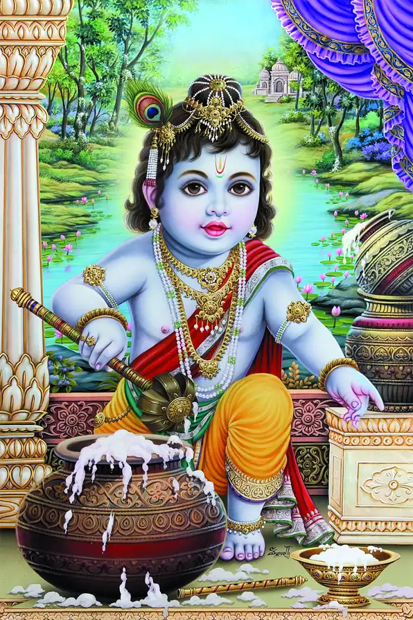 KS189 Lord Krishna Plain, Glitter, Stone, Crystal High Gloss Decorative Tile by Global Art