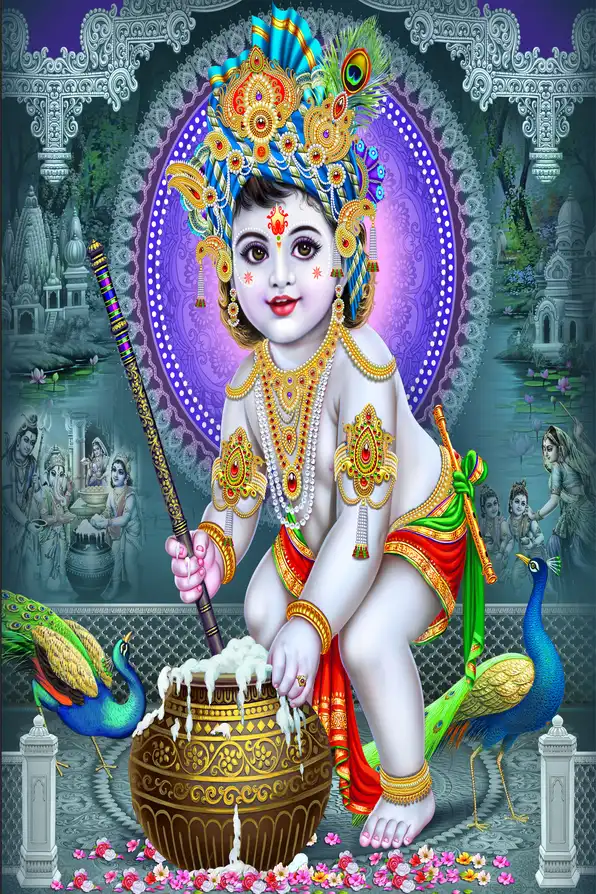 KS194 Lord Krishna Plain, Glitter, Stone, Crystal High Gloss Decorative Tile by Global Art