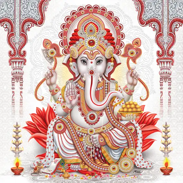 0100 Ganesh Ji Plain, Glitter, Stone, Crystal High Gloss Decorative Tile by Global Art