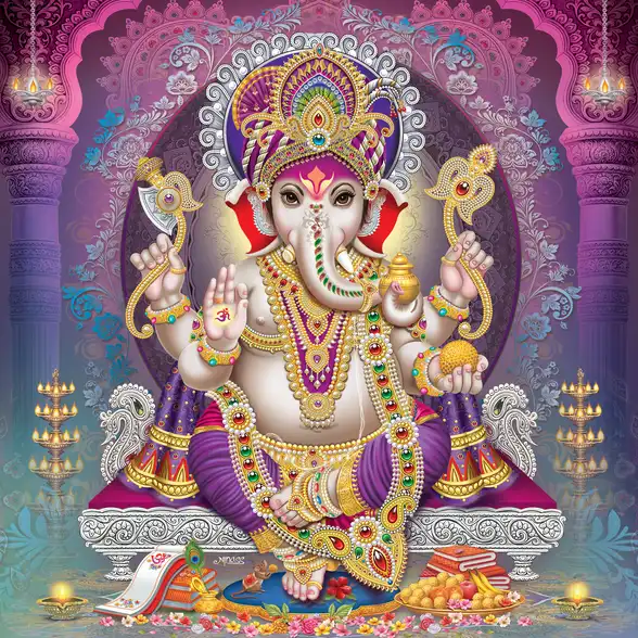 0101 Ganesh Ji Plain, Glitter, Stone, Crystal High Gloss Decorative Tile by Global Art