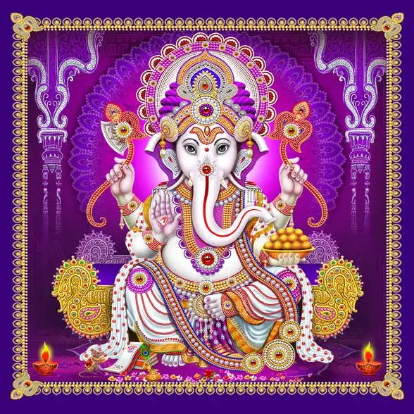 0142 Ganesh Ji Plain, Glitter, Stone, Crystal High Gloss Decorative Tile by Global Art