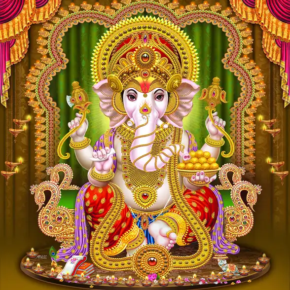 0166 Ganesh Ji Plain, Glitter, Stone, Crystal High Gloss Decorative Tile by Global Art