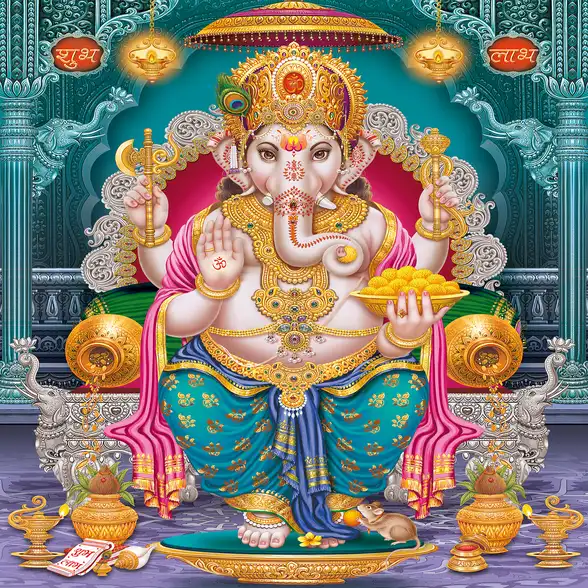 1755 Ganesh Ji Plain, Glitter, Stone, Crystal High Gloss Decorative Tile by Global Art