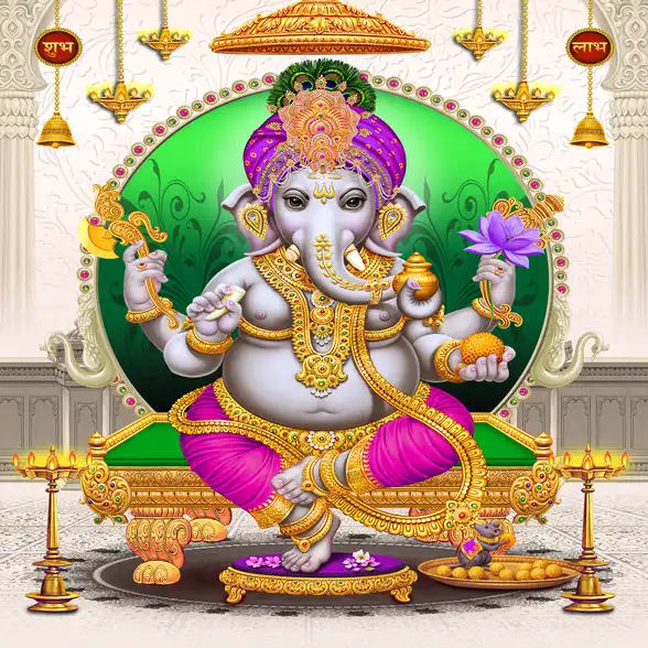 1756 Ganesh Ji Plain, Glitter, Stone, Crystal High Gloss Decorative Tile by Global Art