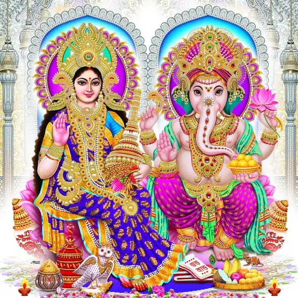 1098 Laxmi Ganesh Plain, Glitter, Stone, Crystal High Gloss Decorative Tile by Global Art