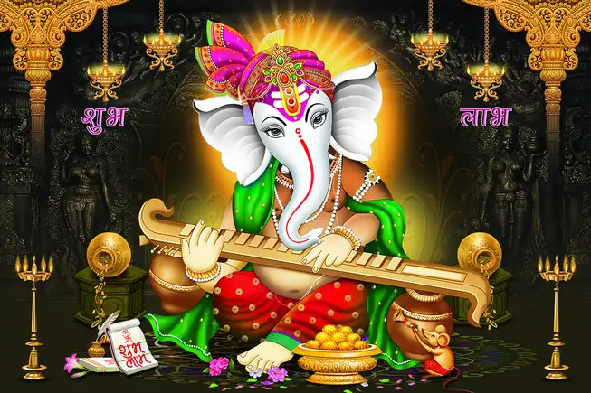 GN016 Ganesh Ji Plain, Glitter, Stone, Crystal High Gloss Decorative Tile by Global Art