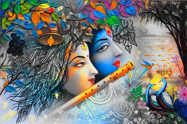 RK024 Radha Krishna Plain, Glitter, Stone, Crystal High Gloss Decorative Tile by Global Art