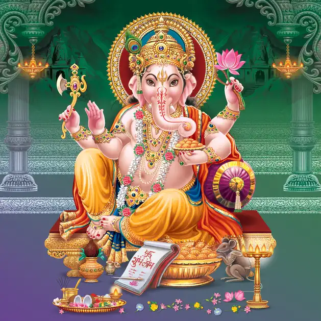 1889 Ganesh Ji Plain, Glitter, Stone, Crystal High Gloss Decorative Tile by Global Art