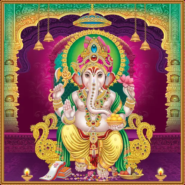 1891 Ganesh Ji Plain, Glitter, Stone, Crystal High Gloss Decorative Tile by Global Art