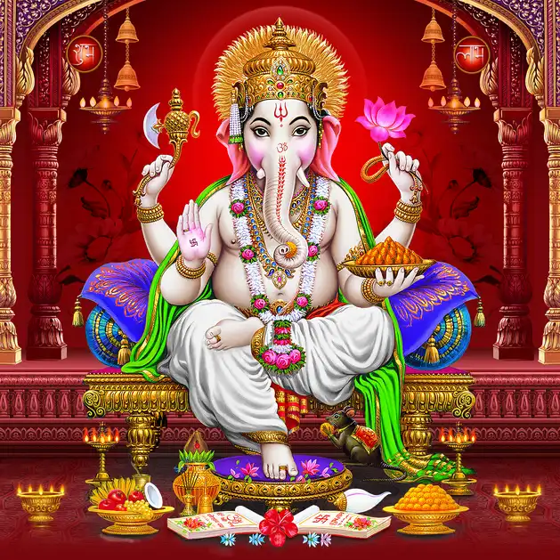 1892 Ganesh Ji Plain, Glitter, Stone, Crystal High Gloss Decorative Tile by Global Art