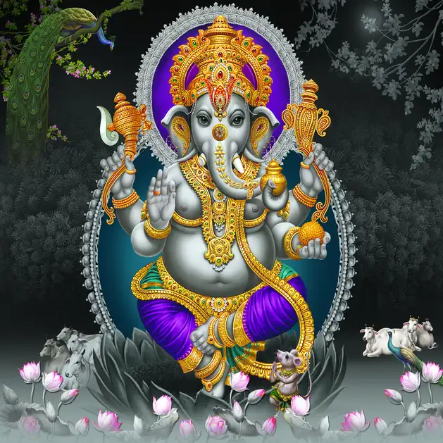 1894 Ganesh Ji Plain, Glitter, Stone, Crystal High Gloss Decorative Tile by Global Art