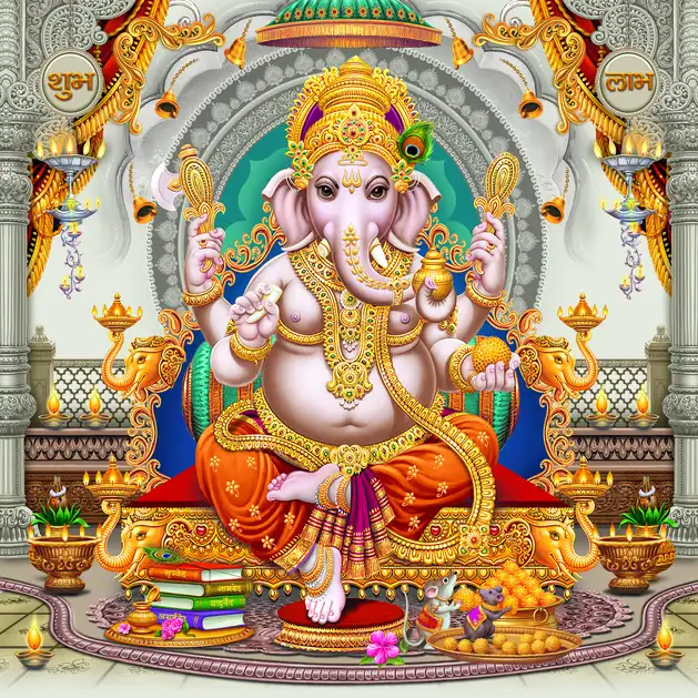 1895 Ganesh Ji Plain, Glitter, Stone, Crystal High Gloss Decorative Tile by Global Art